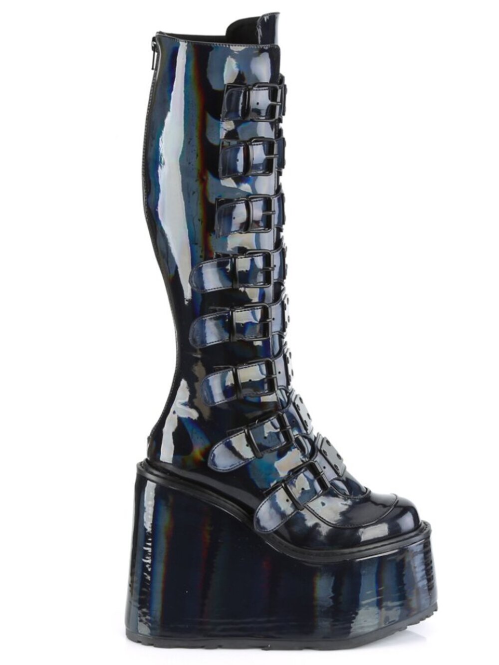 Black Holographic Platform Knee High Boots - Goth Rave 5.5" Wedge